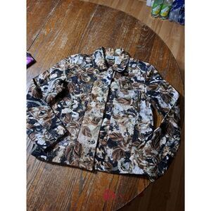 Small Chicos Size 0 Brown Tan Black Gold Metallic Button Up Floral Denim Jacket